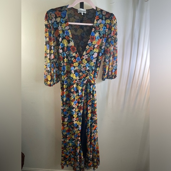 Ganni || Floral Print Mesh Midi Wrap Dress, Size 38 (medium) worn once - Picture 3 of 10